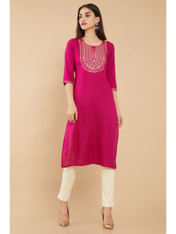 Soch - Pink Rayon Straight Embroidered Kurti
