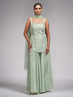 Shruti S - Green Hand Painted Sharara With Pearl Work (Set of 3)