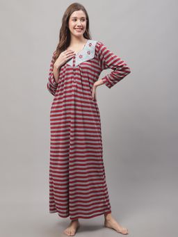 Secret Wish - Women's Grey Woolen Nighty For Winter With Stripe Prints