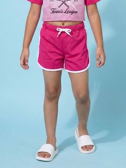 KiddoPanti - Girls Pink Solid Activewear Contrast Trim Shorts
