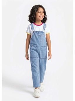 Hopscotch - White Solid Cotton T-shirt and Dungaree