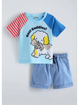 Hopscotch - Blue Printed Cotton T-shirt and Shorts
