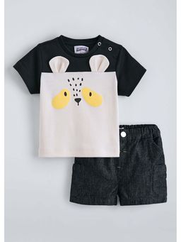 Hopscotch - Black Colorblock Cotton T-shirt and Shorts