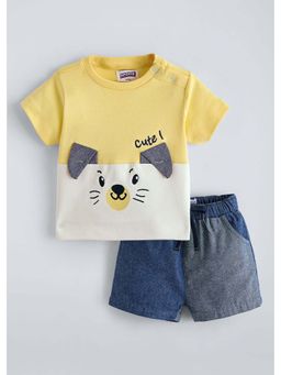 Hopscotch - Yellow Printed Cotton T-shirt and Shorts