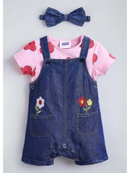 Hopscotch - Pink Floral Cotton T-shirt with Dungaree and Headband