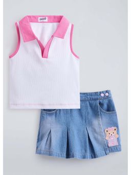 Hopscotch - White Solid Cotton Blend Top and Shorts