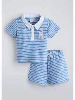 Hopscotch - Blue Stripes Cotton Polo T-shirt and Shorts