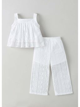 Hopscotch - White Self Design Blended Top and Pant