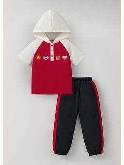 Hopscotch - Red Colorblock Polyester T-shirt and Joggers