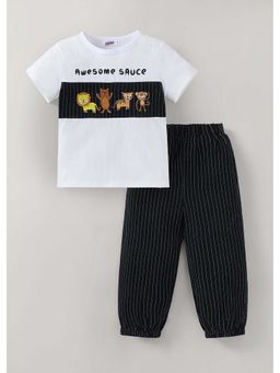 Hopscotch - White Stripes Polyester Blend T-shirt and Joggers