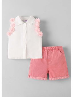 Hopscotch - White Self Design Blended Shirt and Shorts