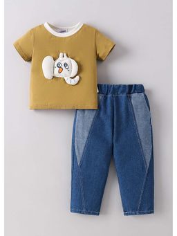 Hopscotch - Brown Textured Cotton Blend T-shirt and Jeans