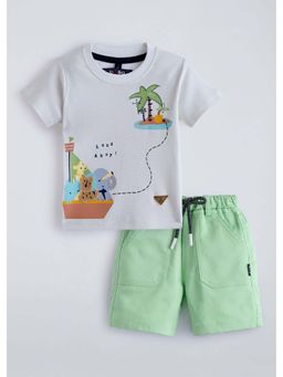 Hopscotch - Green Printed Cotton T-shirt and Shorts