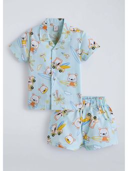 Hopscotch - Blue Printed Cotton Shirt and Shorts