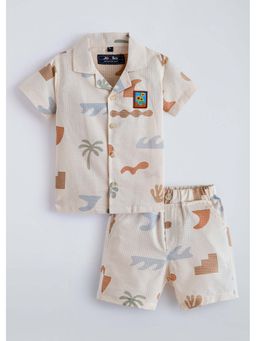Hopscotch - Beige Printed Cotton Shirt and Shorts