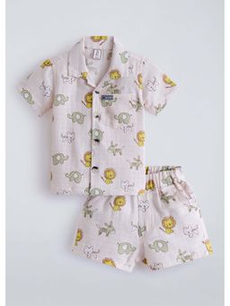 Hopscotch - Beige Printed Cotton Shirt and Shorts