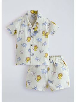 Hopscotch - Off White Printed Cotton Shirt and Shorts