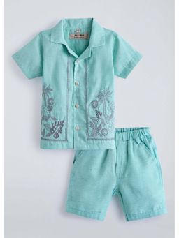 Hopscotch - Green Embroidered Cotton Shirt and Shorts