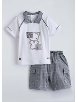 Hopscotch - Grey Embroidered Cotton T-shirt and Shorts