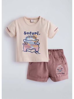 Hopscotch - Beige Printed Cotton T-shirt and Shorts