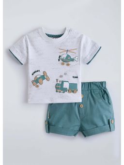 Hopscotch - Green Printed Cotton T-shirt and Shorts