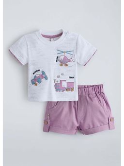 Hopscotch - Purple Printed Cotton T-shirt and Shorts
