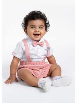 Hopscotch - Pink Printed Cotton Polo T-shirt with Shorts and Bow