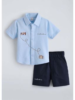 Hopscotch - Blue Textured Cotton Shirt and Shorts