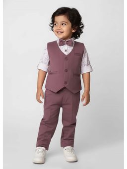 Hopscotch - Lavender Printed Cotton Blend Shirt with Waistcoat, Pant and Bow