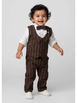 Hopscotch - Brown Stripes Cotton Shirt with Waistcoat, Pant and Bow