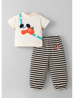 Hopscotch - Cream Stripes Cotton Blend T-shirt and Joggers