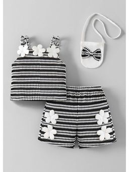 Hopscotch - Black Self Design Blended Top with Shorts and Handbag