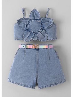 Hopscotch - Blue Solid Blended Top with Shorts and Belt