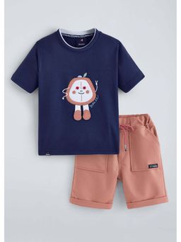 Hopscotch - Navy Blue Self Design Cotton T-shirt and Shorts