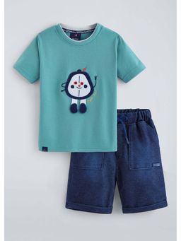 Hopscotch - Teal Self Design Cotton T-shirt and Shorts