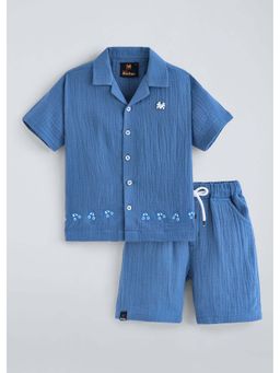 Hopscotch - Blue Textured Cotton Shirt and Shorts