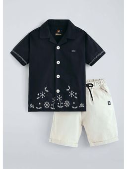 Hopscotch - Navy Blue Embroidered Cotton Shirt and Shorts