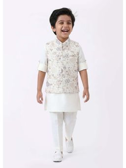 Hopscotch - White Floral Polyester Blend Kurta with Nehru Jacket and Pyjama