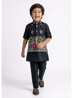 Hopscotch - Black Floral Polyester Blend Kurta with Nehru Jacket and Pyjama