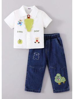 Hopscotch - White Embroidered Blended Shirt with Jeans and Tie