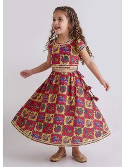 Hopscotch - Red Printed Blended Blouse and Lehenga