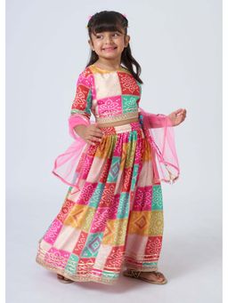 Hopscotch - Multi-Color Printed Cotton Blouse with Lehenga and Dupatta