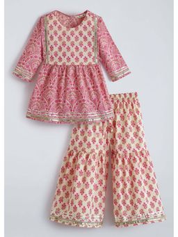Hopscotch - Pink Floral Cotton Kurta and Sharara