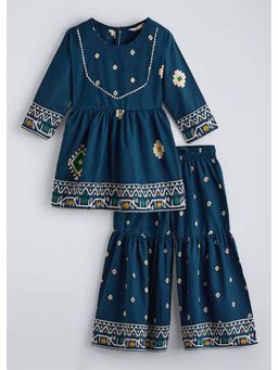 Hopscotch - Teal Printed Cotton Kurta and Sharara