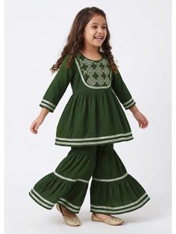 Hopscotch - Green Embroidered Silk Kurta and Sharara