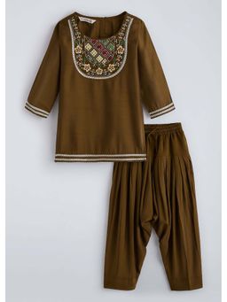 Hopscotch - Brown Embroidered Silk Kurta and Salwar