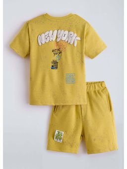 Hopscotch - Yellow Typography Cotton Blend T-shirt and Shorts