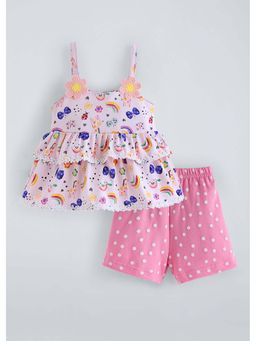 Hopscotch - Pink Printed Cotton Top and Shorts
