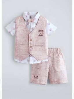 Hopscotch - White Printed Cotton Shirt with Waistcoat, Shorts and Bow