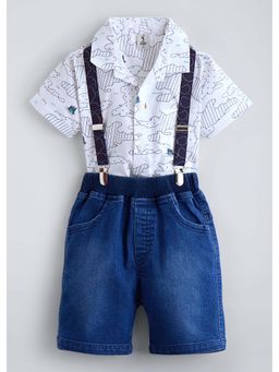 Hopscotch - White Printed Cotton Shirt with Shorts and Suspender